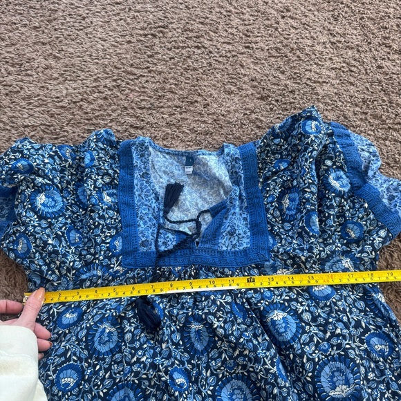 Old Navy Puff Sleeve Peacock Swing Mini Dress Blue Printed Cotton Cottagecore S - Picture 10 of 10